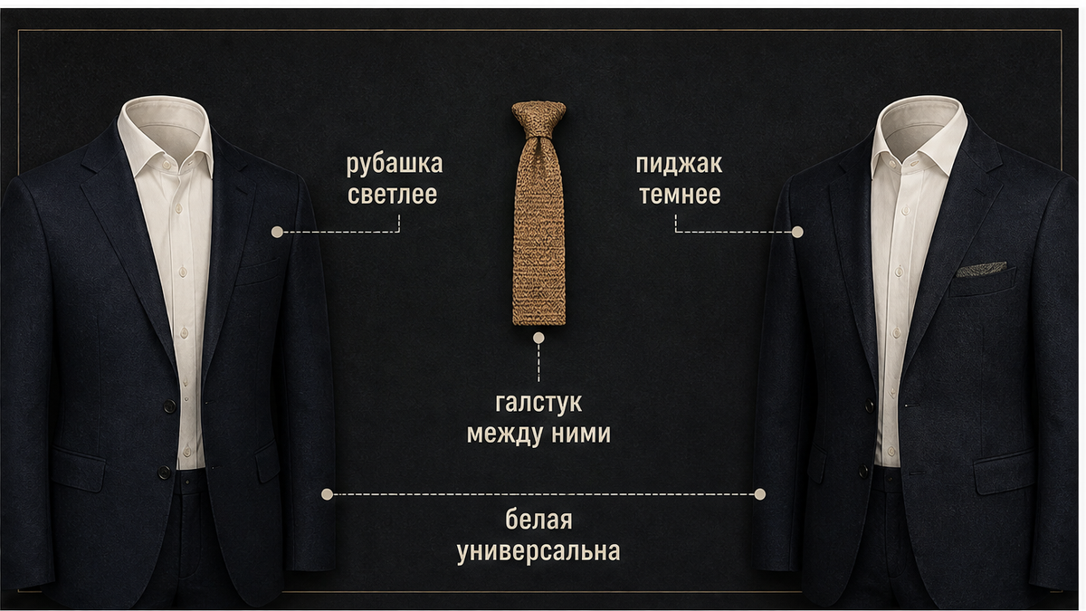 Сравнение: рубашка светлее пиджака, галстук между ними по тону