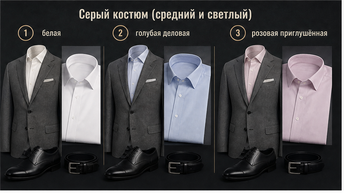 Чеклист оттенков рубашки под серый костюм: белая, голубая и розовая