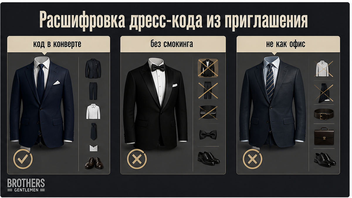 Таблица дресс-кода: код в приглашении без смокинга и офисного костюма