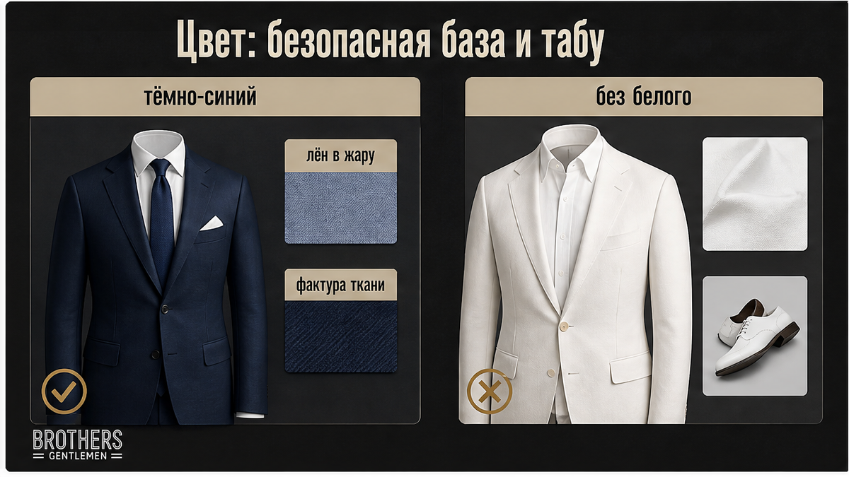 Сравнение цвета и ткани: тёмно-синий и лён в жару, без белого total look