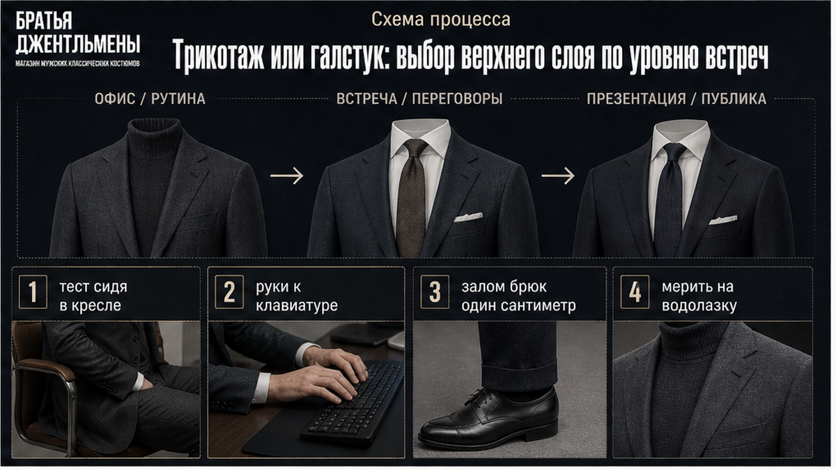 Схема выбора трикотажа или галстука под уровень встреч и проверки посадки