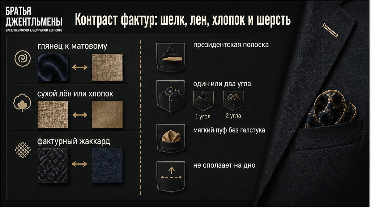 Карточка фактур шёлка, льна и хлопка и способов укладки платка в карман