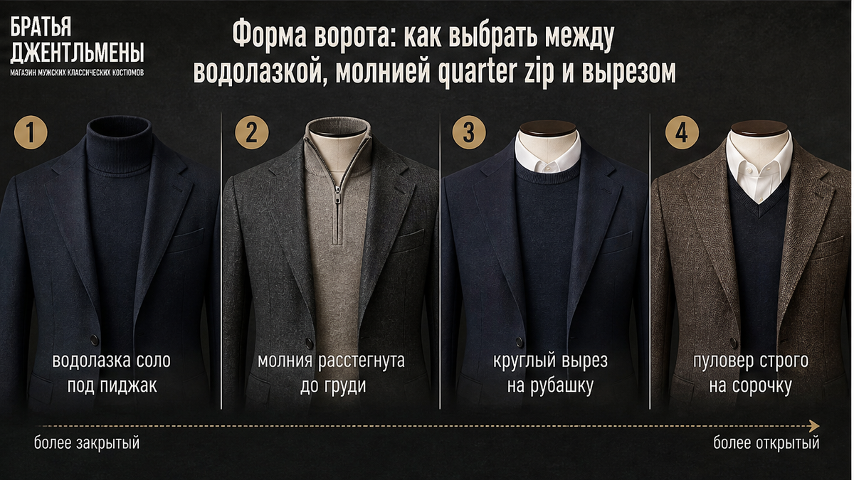 Схема выбора ворота трикотажа: водолазка, quarter zip, круглый и V-образный вырез под пиджак