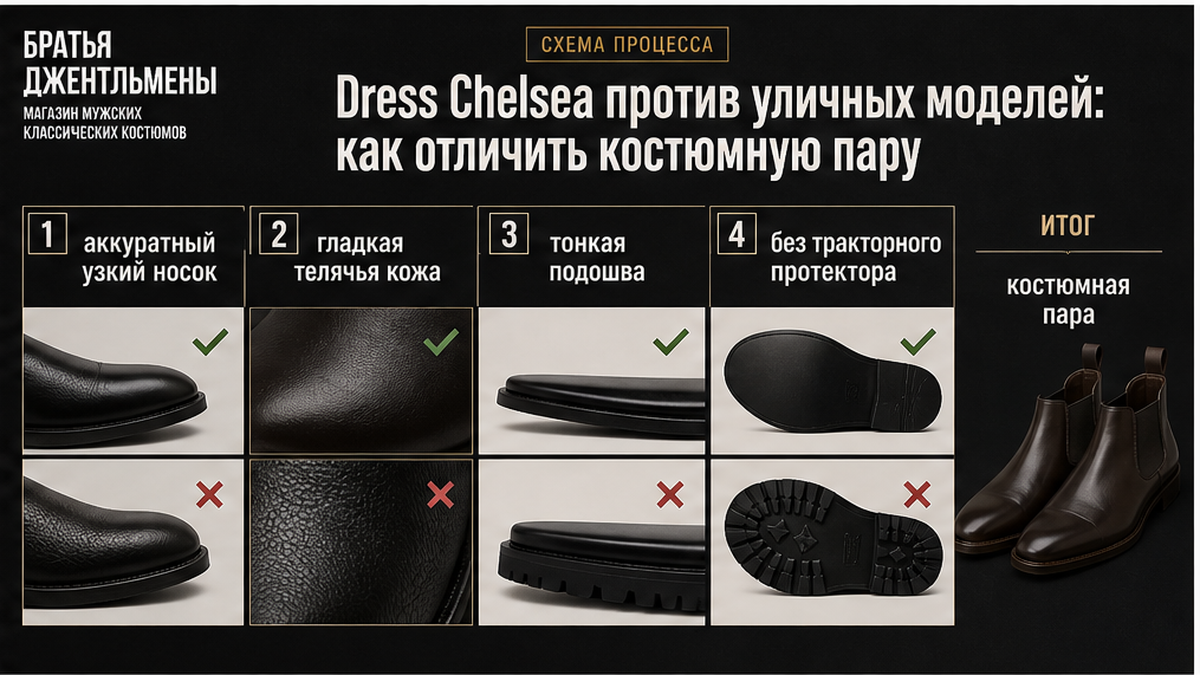 Схема отличий dress Chelsea от повседневных моделей: колодка, кожа и подошва