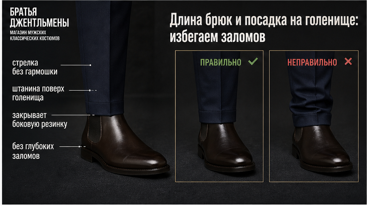 Схема длины брюк и посадки на голенище челси без заломов