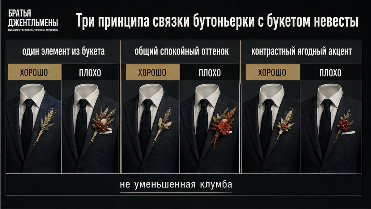 Сравнение трёх принципов связки бутоньерки с букетом невесты