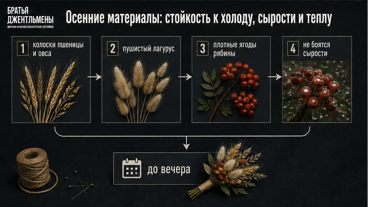 Схема осенних материалов для бутоньерки: злаки, лагурус и ягоды