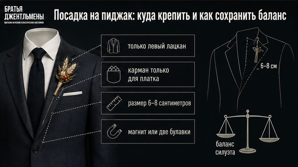 Схема посадки бутоньерки на левый лацкан пиджака