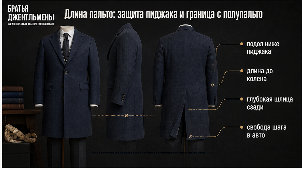 Схема правильной длины пальто относительно пиджака