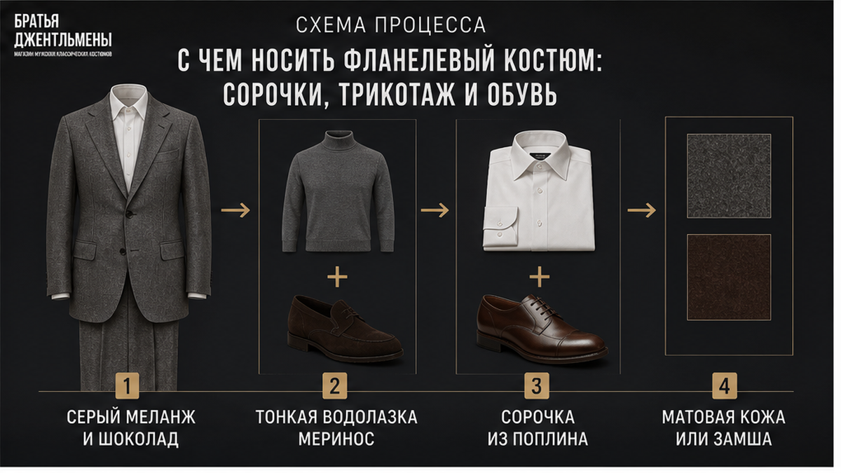 С чем сочетать фланелевый костюм: сорочка, водолазка и матовая обувь