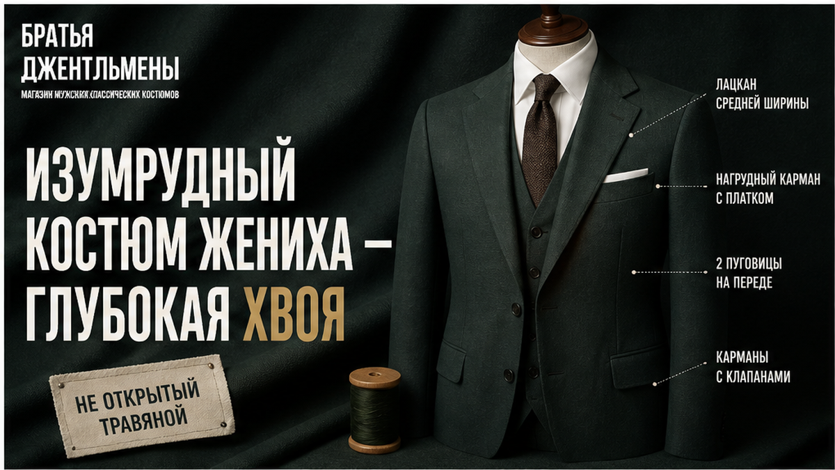 Иллюстрация: изумрудный костюм жениха глубокой хвои для осенней свадьбы
