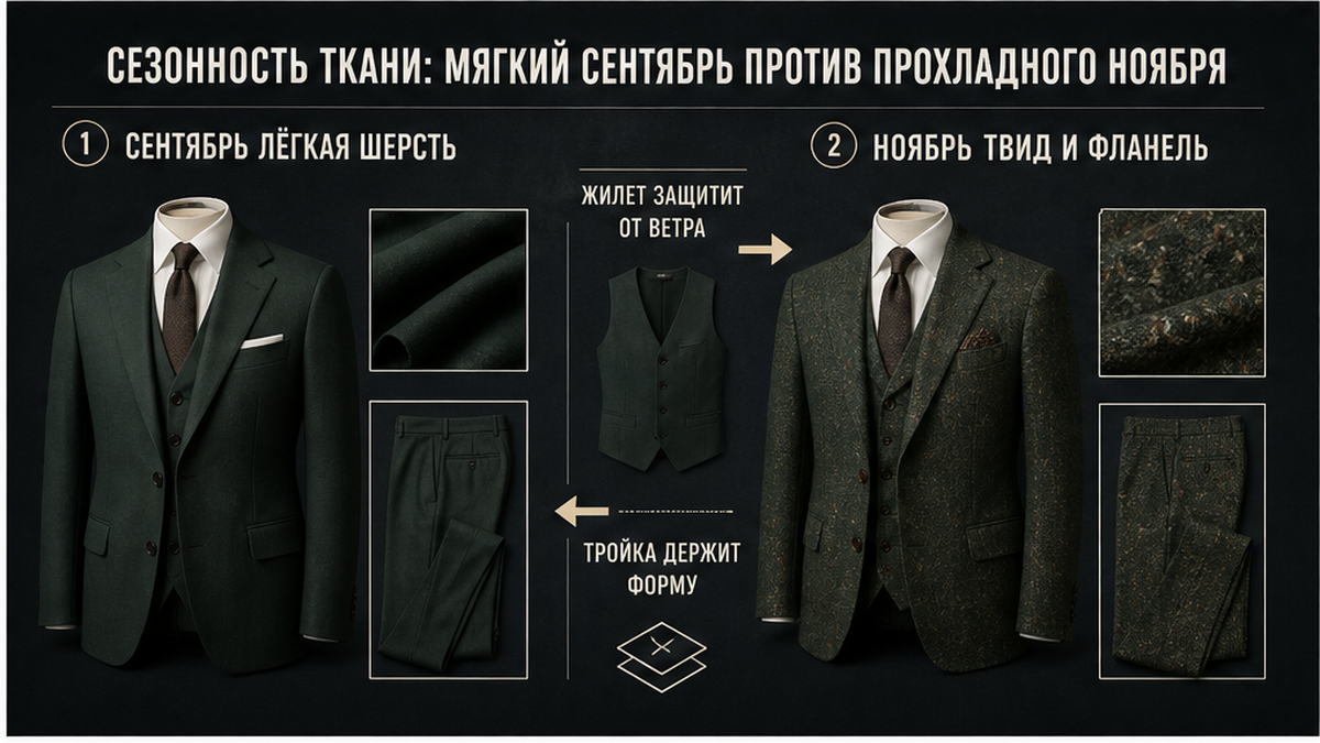 Схема выбора ткани костюма: сентябрьская шерсть и ноябрьский твид с жилетом