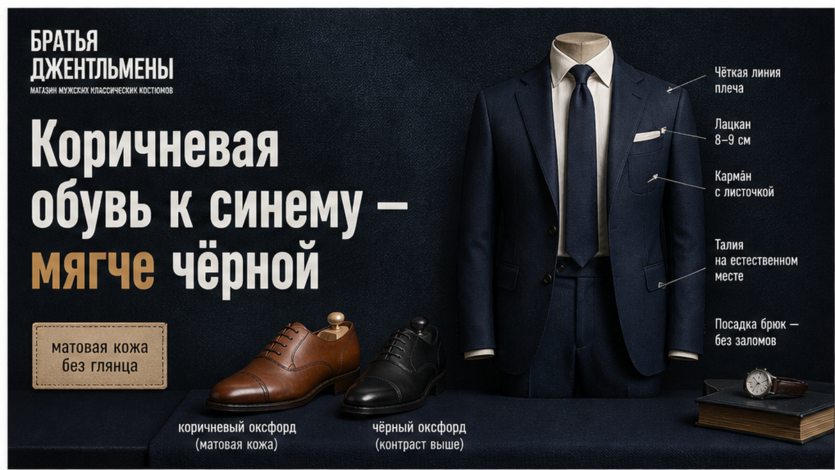 Коричневая обувь к синему костюму смягчает образ без потери строгости