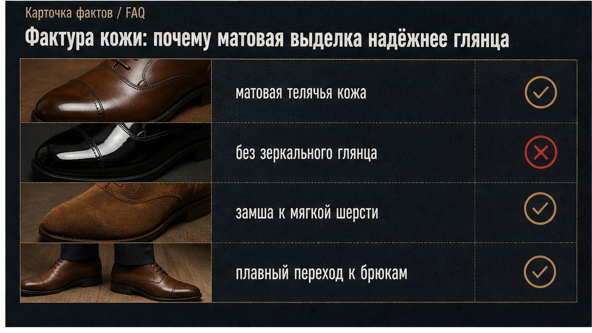 Схема: матовая кожа надёжнее глянца к синему шерстяному костюму
