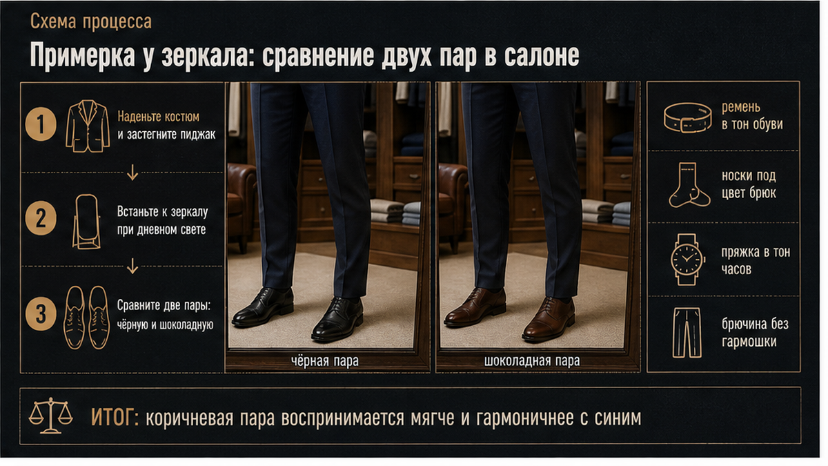 Схема примерки чёрной и коричневой пары к синему костюму у зеркала