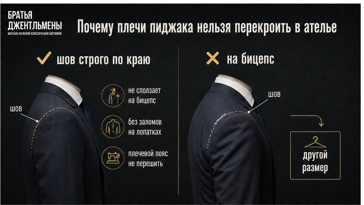 Сравнение: правильный и неправильный плечевой шов пиджака