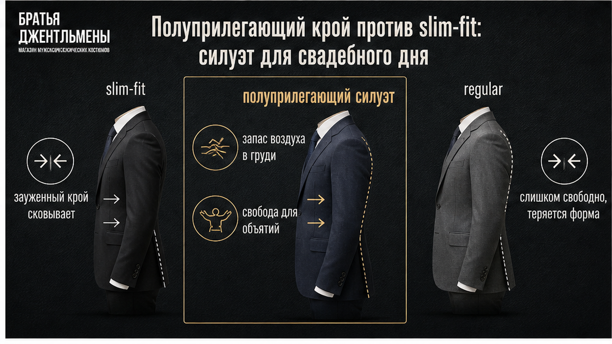 Силуэты slim-fit и полуприлегающего кроя для свадебного дня