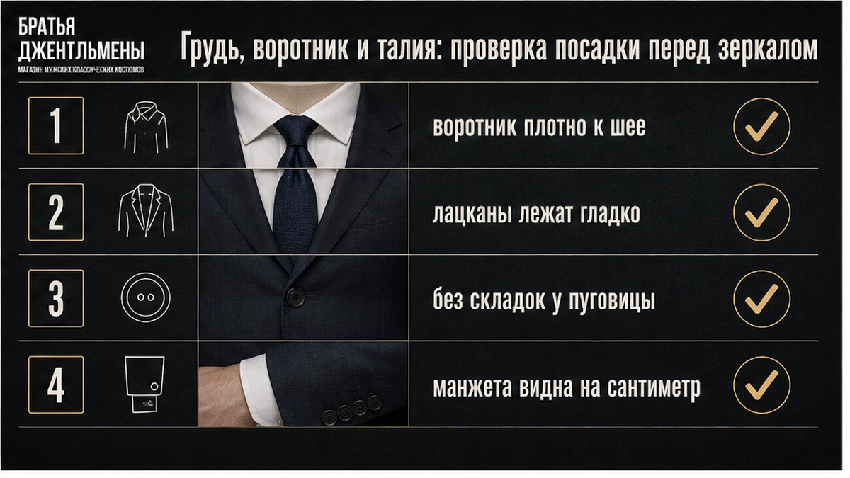 Чеклист проверки воротника, лацканов и талии перед зеркалом