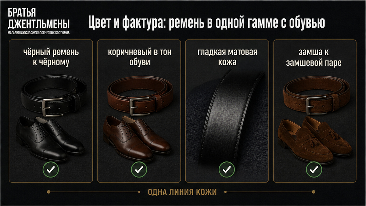 Схема подбора цвета и фактуры ремня в одной гамме с обувью