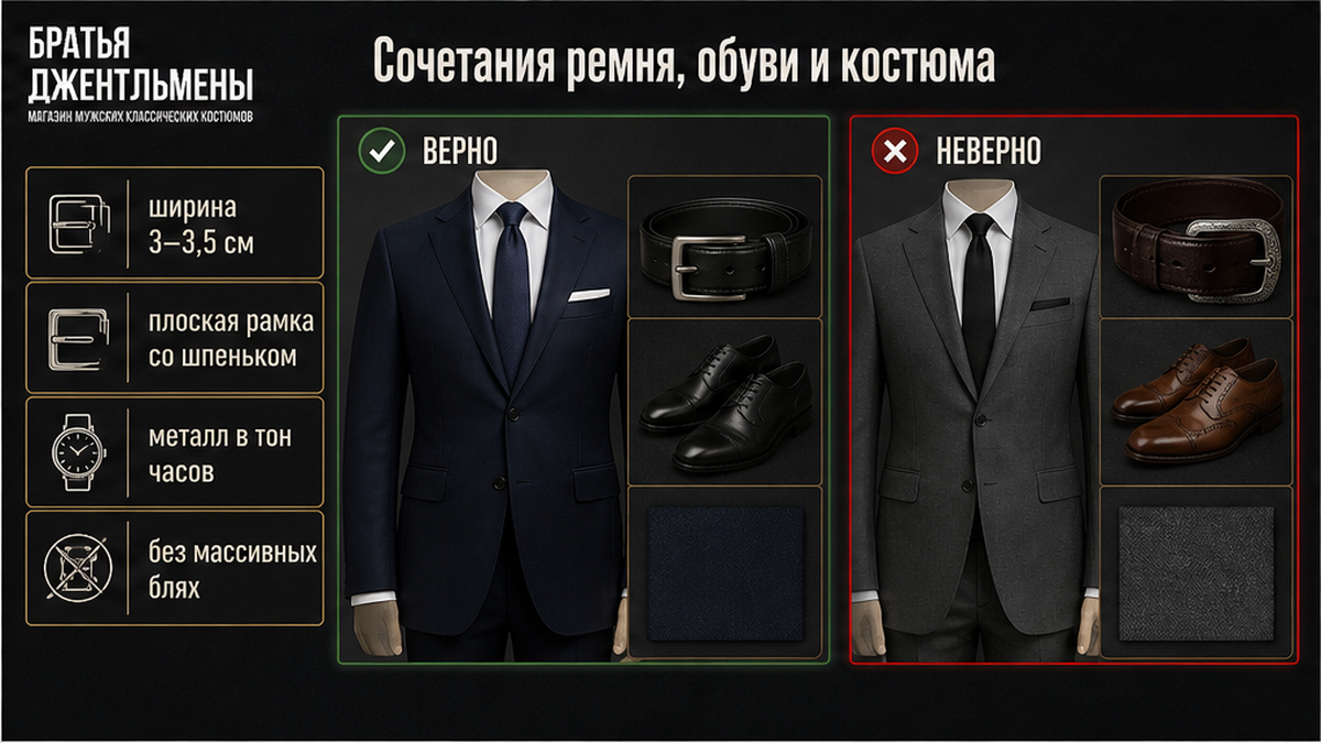 Сравнение верных и ошибочных сочетаний костюма, обуви и ремня