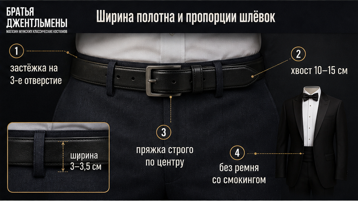 Схема ширины ремня, посадки пряжки и пропорций шлёвок костюмных брюк