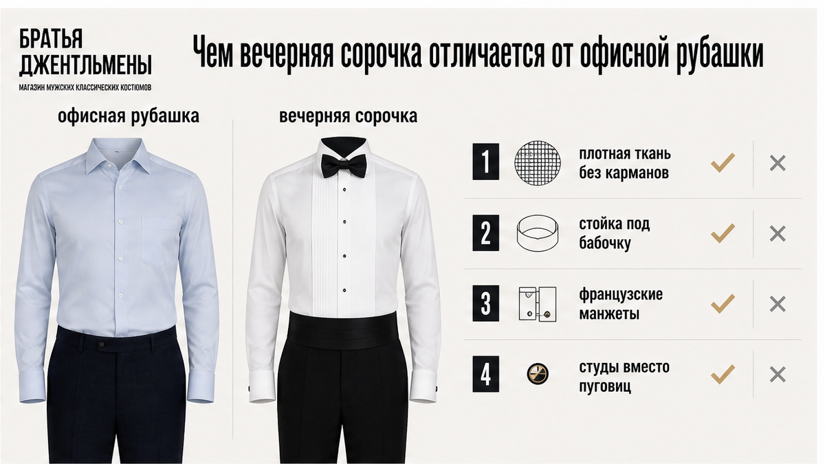 Сравнение вечерней и офисной сорочки под смокинг