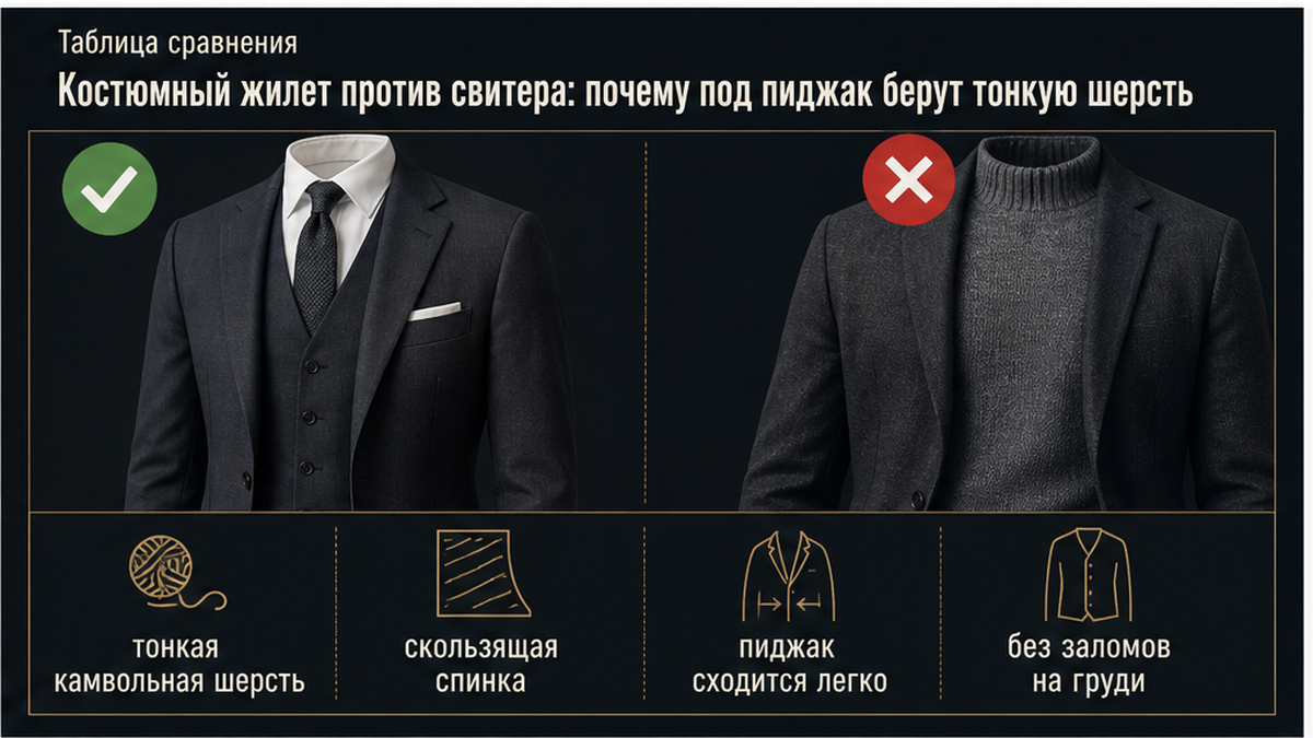 Сравнение тонкого костюмного жилета и вязаного свитера под пиджаком