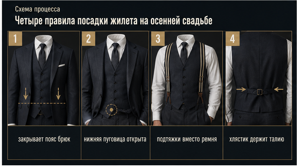 Схема четырёх правил посадки жилета на осенней свадьбе
