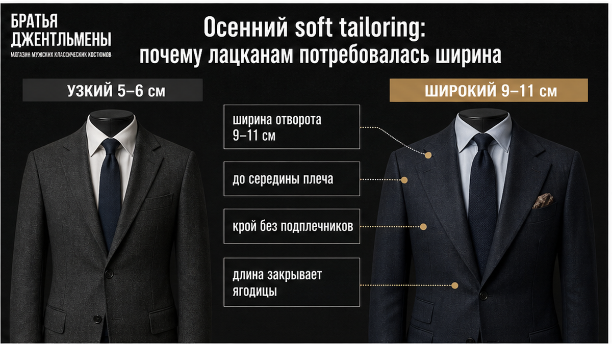 Сравнение узкого и широкого лацкана в мягком осеннем крое