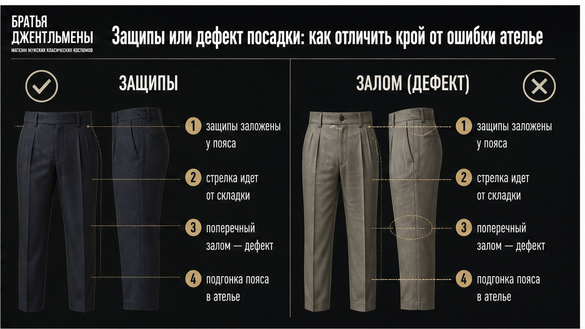 Сравнение: защипы у пояса и дефекты посадки брюк