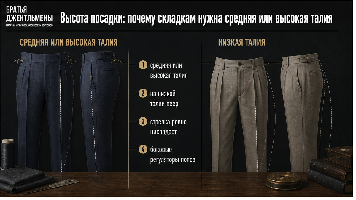 Схема высоты посадки брюк: средняя талия и низкая посадка