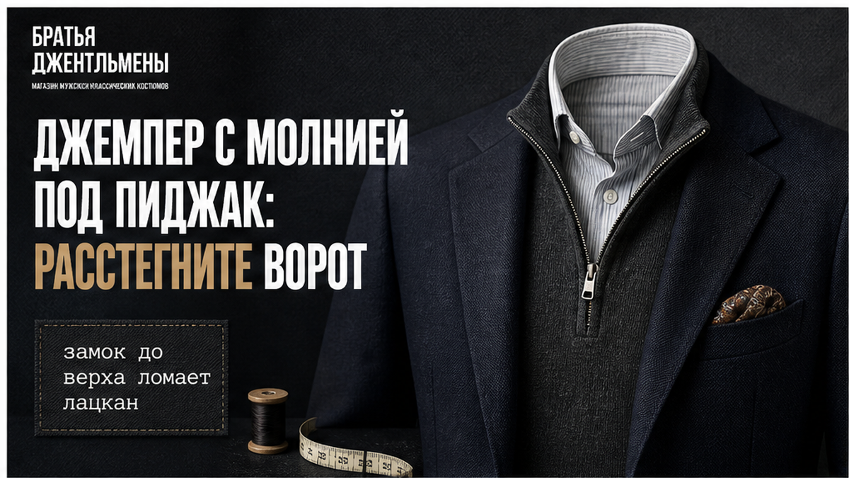 Иллюстрация: джемпер с молнией под пиджаком — ворот расстёгнут