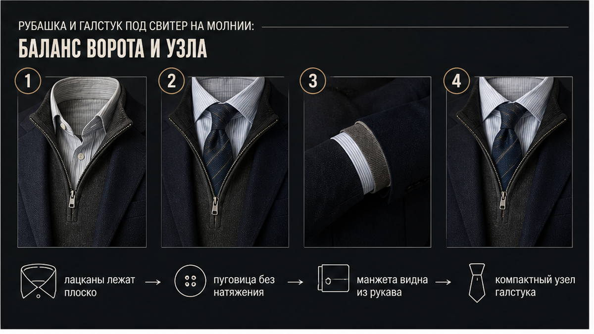 Схема сочетания рубашки, галстука и джемпера на молнии
