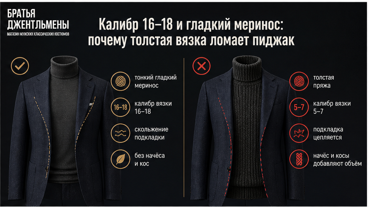 Сравнение тонкого мериноса калибра 16–18 и толстой вязки под костюмный пиджак