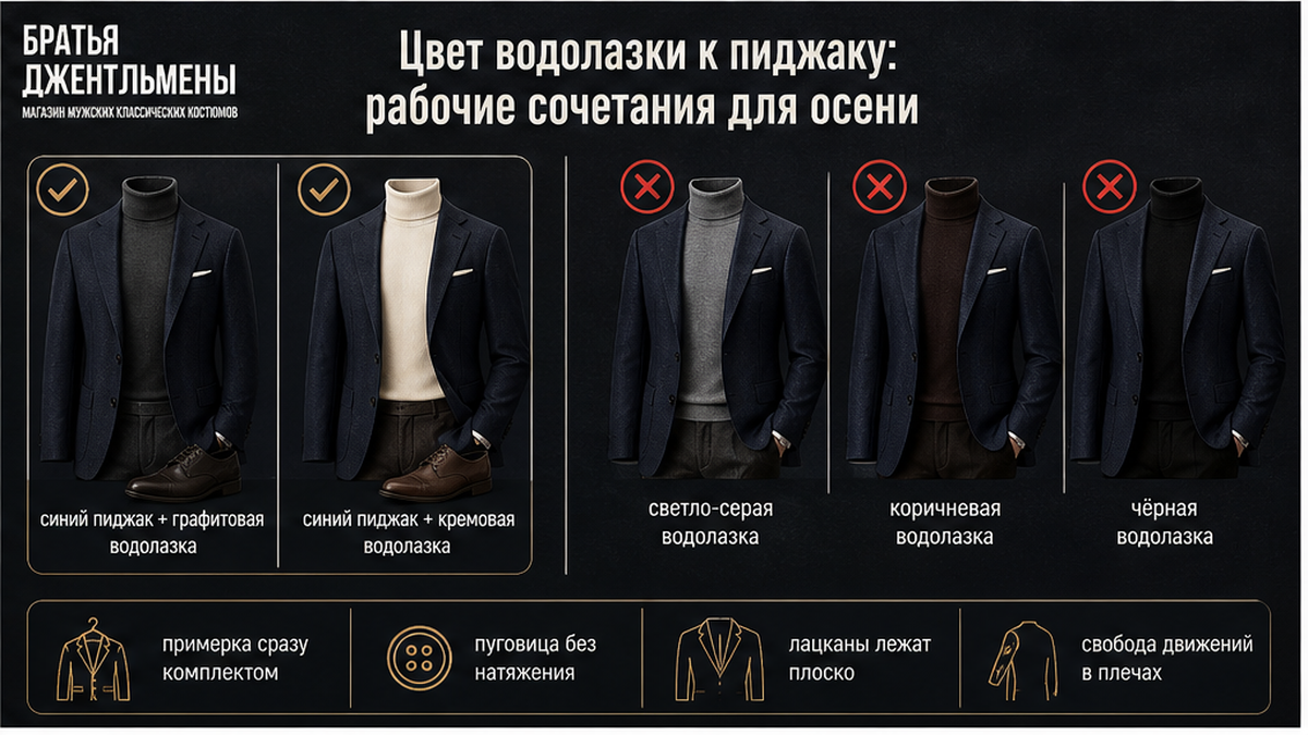 Сравнение осенних сочетаний цвета водолазки с тёмно-синим и серым пиджаком