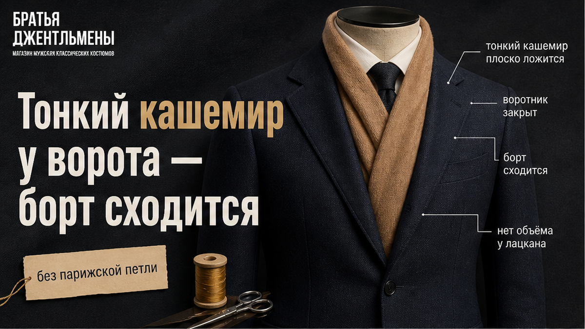 Иллюстрация: тонкий кашемир у ворота без раздувания борта пиджака