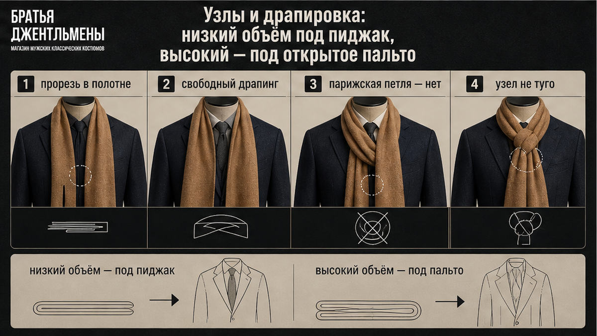 Схема драпировки и узла шарфа под пиджак и открытое пальто