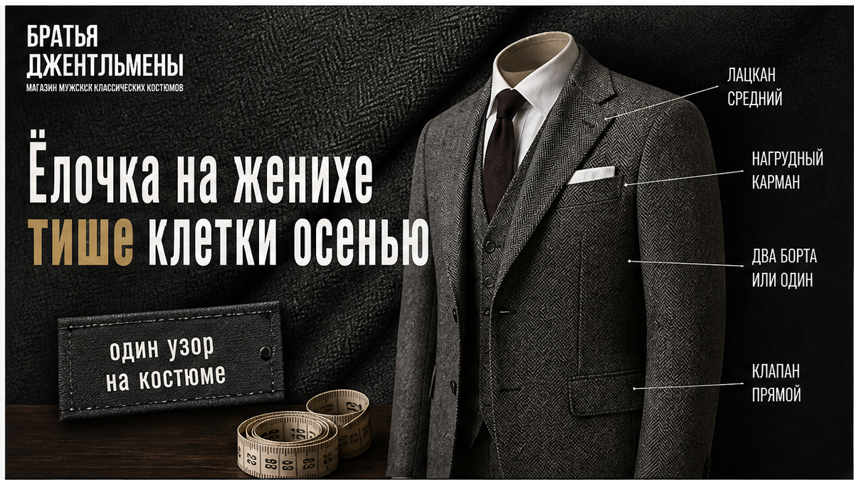Иллюстрация: костюм жениха в ёлочку тише клетки на осенней свадьбе