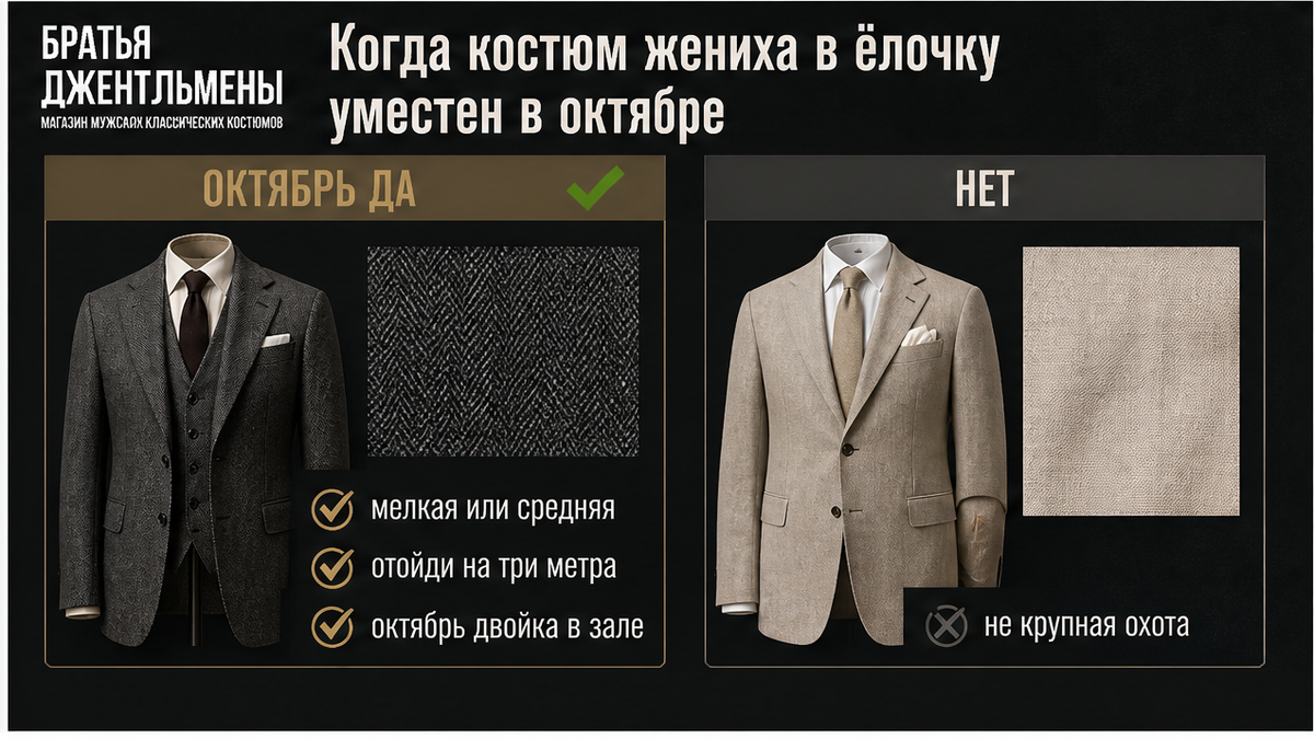 Сравнение: когда костюм жениха в ёлочку уместен осенью