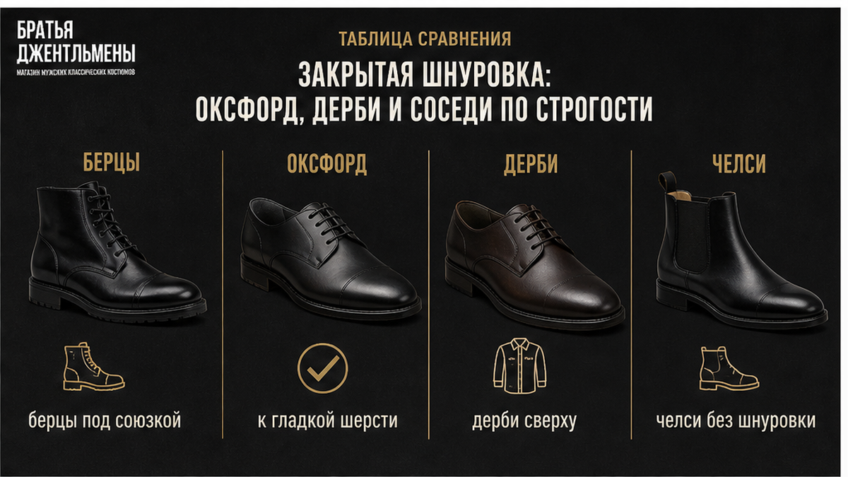 Сравнение оксфорда, дерби и челси по строгости к костюму