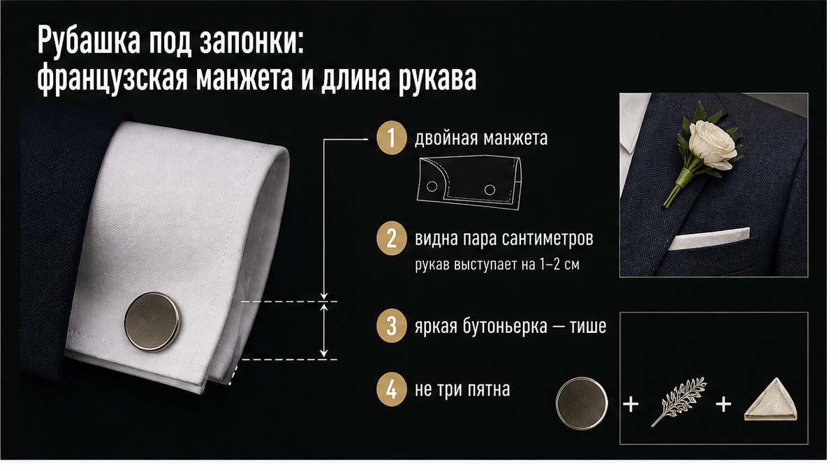 Схема рубашки: французская манжета и длина рукава под запонки